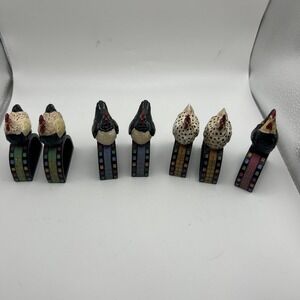 Chicken Hen Painted Napkin Ring Holders‎ Set of 7 Folk Country Farmhouse Decor